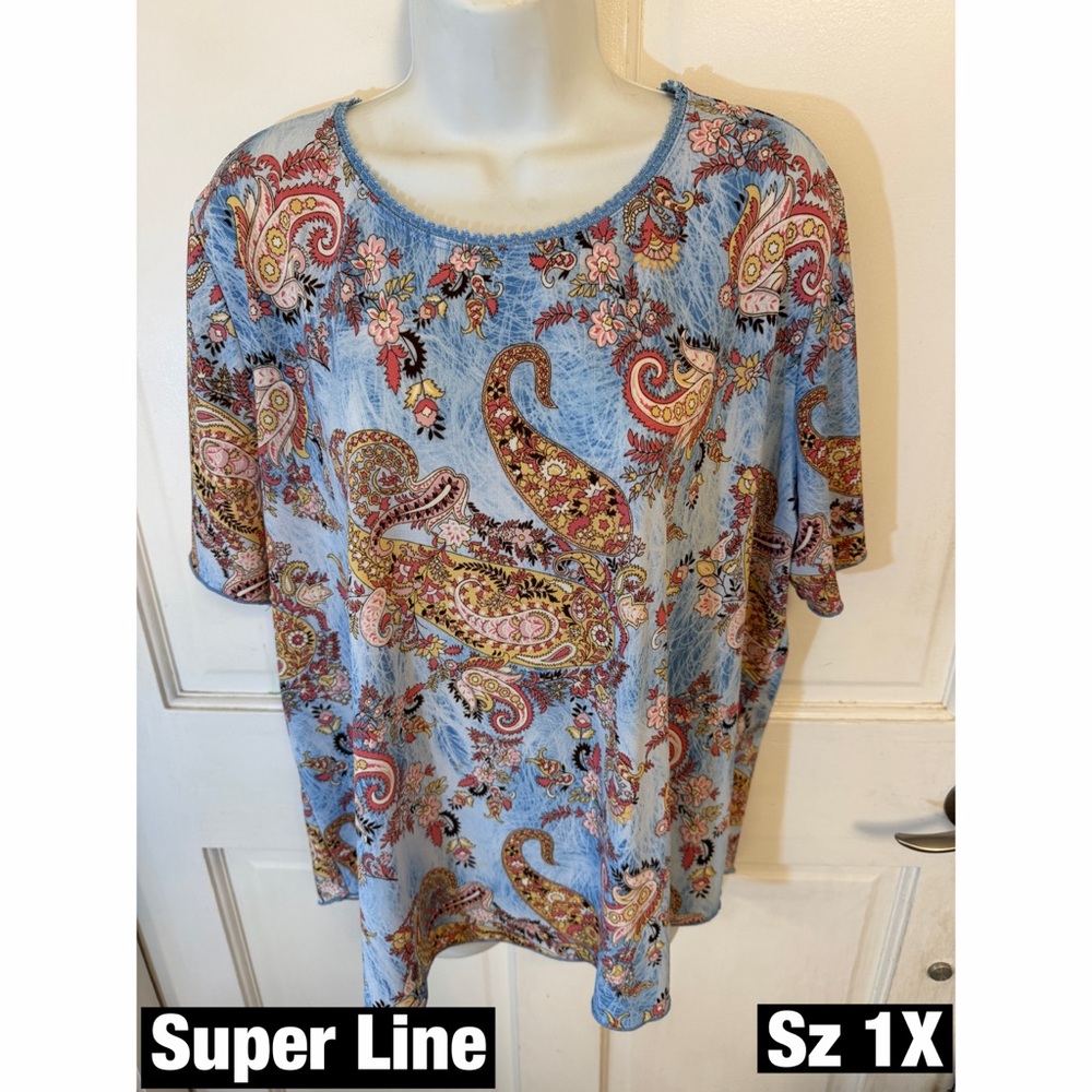 Women's Plus Size Paisley Top - Blue and Multicolor with Crochet Neck